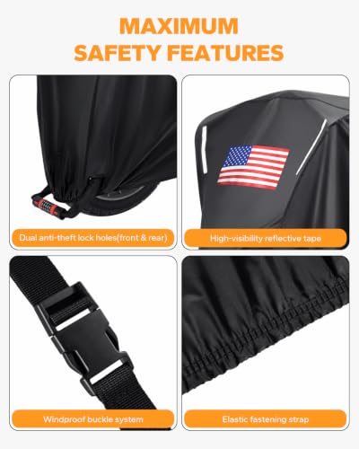 PBYMT Motorcycle Cover Waterproof Outdoor, All Season Protection with Night Reflective Strips Lock Holes and American Flag, Fits up to 104"