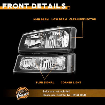 WEELMOTO Halogen Headlights Assembly for 2003-2007 Chevy Silverado - color: Clear Lens l Black Housing l Clear Reflector