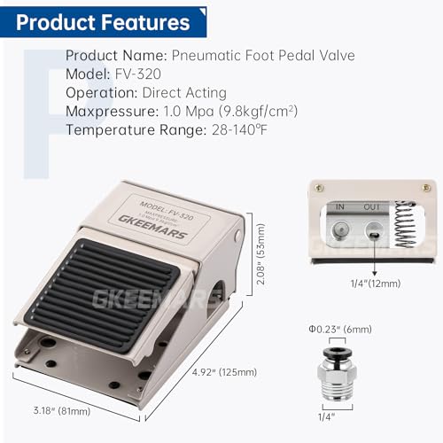 Pneumatic Foot Pedal Valve FV-320 1/4” NPT Threaded Rubber Nonslip Pressure Control Foot Operated Pedal 2 Position 3 Way