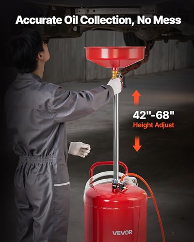 VEVOR 25 Gallon Waste Oil Drain Tank, Air Operated Portable Oil Drainer with Adjustable Funnel Height, Industrial Fluid Drain Tank with Wheels, Fluid Fuel Transfer Drainage for Auto Repair Shops, Red - size: 20.9 x 17.1 x 68.1 in