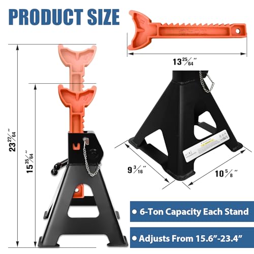 6 Ton Jack Stands Heavy Duty (13,200 LBs Capacity), Car Jack Stands for Trucks with Double Pin Locking & Rubber Pads, 15.6"-23.4" Adjustable for Garage, Home, Vehicle Lifting, 1 Pair Black+Orange - color: Black+Orange, size: 6 Ton Jack Stands with Rubber