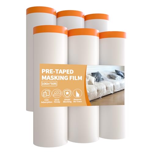 Pre-Taped Masking Film 106in x 65ft Plastic Drop Cloth for Painting 6 Roll - size: 106in x 50Ft