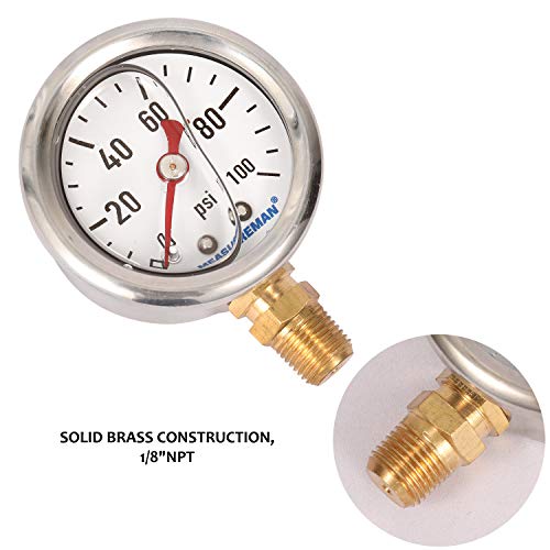 MEASUREMAN 1-1/2" Dial Size, 304 Stainless Steel case, Liquid Filled Fuel Pressure Gauge, 0-100Psi, +/-3-2-3%, 1/8" NPT Center Back Mount - size: 0-100 psi, style: Lower Mount