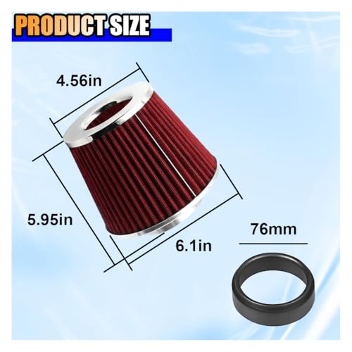 LAINLOY Universal Clamp-On Air Intake Filter for Cars, 76MM, Red - color: 76MM/Red