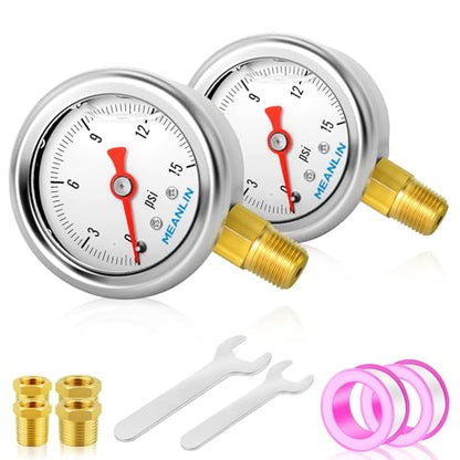 MEANLIN MEASURE 2pcs 0~15Psi Stainless Steel Liquid Filled, 1/8" NPT 1.5" Glycerin Filled Pressure Gauge, Water Oil Air, Lower Mount, with 1/4" NPT and 3/8" NPT Hex Bushing - size: 0-15Psi