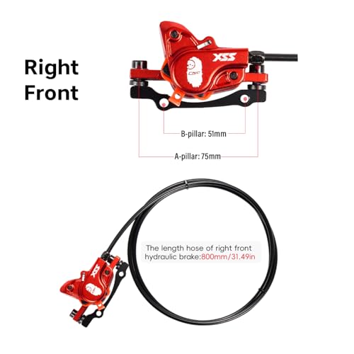 CNC MTB Hydraulic Disc Brake Set，Mountain Bike Hydraulic Disc Brakes Right Front 800mm Left Rear 1450mm Hydraulic Brake，Red - color: Red-Front