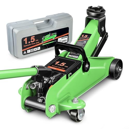 DNA MOTORING Low Profile Hydraulic Trolley Service/Floor Jack, 1.5 Ton (3000 lbs) Capacity, Lifting Range 5.3"-12", Green, TOOLS-00326-GR - color: Green, style: 1.5 ton