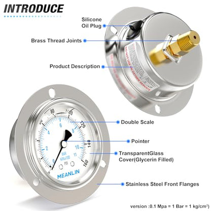 MEANLIN MEASURE 0~160Psi Liquid Filled Pressure Gauge Front Flange Panel Mount, 1/4" NPT 2.5" FACE DIAL Stainless Steel Case with Phillips Screw, Nut and Brass Hex Bushing, +/-3-2-3% - style: 0~160Psi