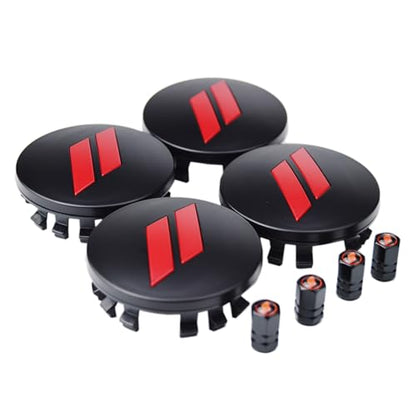 (Set of 4) 63mm=2.5 inches // Slash Wheel Center Caps Covers HubCaps + Tire Valve Stem Caps Trim for Dodge Charger Challenger Durango Hornet Dart R/T SRT Magnum Nitro Journey Caliber Avenger - color: red // on matte black wheel caps + tire valve caps