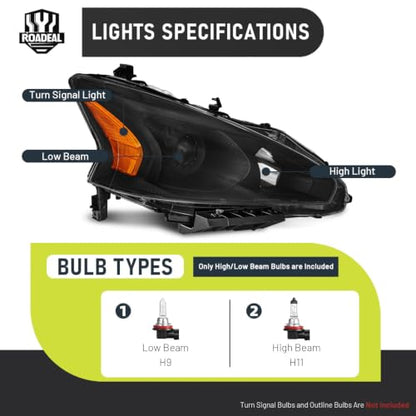 Headlights for 2013 2014 2015 Nissan Altima 4-Door - color: Black - With H/L Beam Bulbs