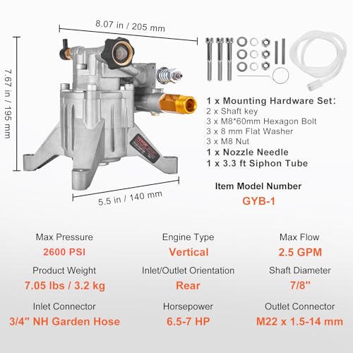 VEVOR Pressure Washer Pump, 7/8" Shaft Vertical, 2600 PSI, 2.5 GPM, Replacement Power Washer Pumps Kit, Parts Washer Pump, Compatible with Honda, Simpson, RYOBI, Briggs & Stratton, Subaru, Craftsman - style: 2.5 GPM