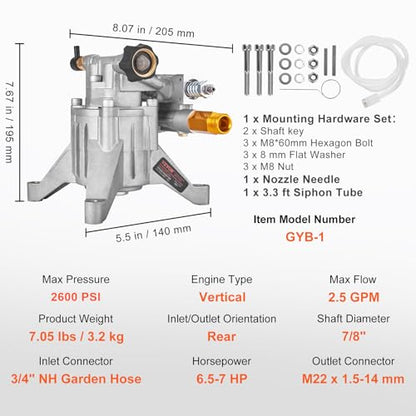 VEVOR Pressure Washer Pump, 7/8" Shaft Vertical, 2600 PSI, 2.5 GPM, Replacement Power Washer Pumps Kit, Parts Washer Pump, Compatible with Honda, Simpson, RYOBI, Briggs & Stratton, Subaru, Craftsman - style: 2.5 GPM