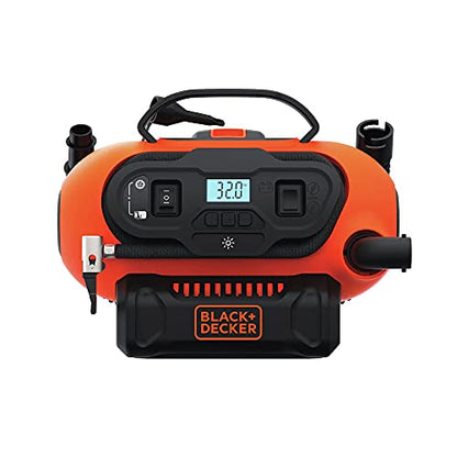 BLACK+DECKER Tire Inflator Portable Air Compressor, Air Pump for Inflatables, 3 Modes: Electric Outlet, 12V Car Adapter and Cordless 20V MAX, Battery Sold Separately (BDINF20C)