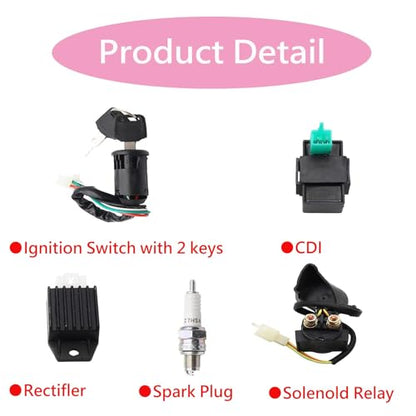 PRO BAT 110cc ATV Full Wiring Harness w/ 2-Coil Stator 5-Pin AC CDI - color: White Spark Plug