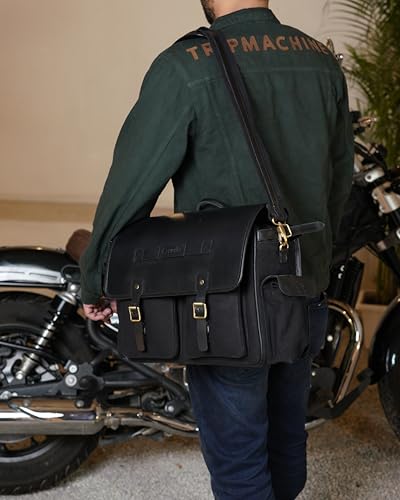Trip Machine Company Expedition Motorcycle Saddle Bags – 25L Each (50L Pair) 16oz Heavy-Duty Canvas & Leather Panniers, Waterproof Lining with Rain Cover (Pair, Black) - color: Black, style: Pair