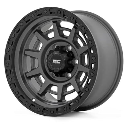 Rough Country 85 Series 17x9 Wheel - 5x5.5" Bolt Pattern, 0mm Offset, Gunmetal Gray with Black Simulated Beadlock, One-Piece Aluminum Off-Road Wheel