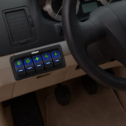 Nilight - 90110E 5 Gang Aluminum Rocker Switch Panel Toggle Dash 5 Pin ON/Off Pre-Wired Rocker Switch Blue Backlit Switch for Automotive Car Marine Boat RV,2 Years Warranty - color: Blue, size: 5 Gang