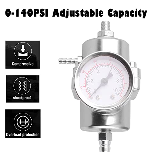 BARTOO Adjustable Fuel Pressure Regulator Kit with 0-140 PSI Gauge, Silver - color: Silver