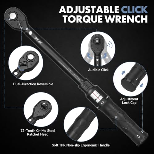 1/2-Inch Drive Click Torque Wrench 20-220 Nm (14.8-162.3 ft-lb) ±2.5% High Accuracy Precision 72-Tooth Fits Cars, Motorcycles & Bicycles Includes 1/2" Adapter& 5” Extension Rod - color: Black, size: 20-220Nm/14.8-162.3ft-lb