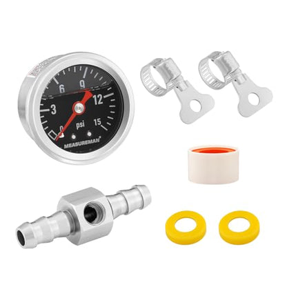 MEASUREMAN 0-15 Psi Glycerin Filled Fuel Pressure Gauge, 1.5” Dial, 304 Stainless Steel Case, 1/8” NPT Center Back Mount, with 3/8” Fuel Line Adapter, Copper Tube & Fittings, Red Aluminum Pointer - size: 0-15 psi, style: Back Mount (7 Pieces Kit Black)