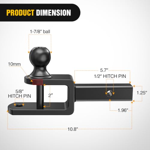 Nilight 3-in-1 ATV UTV Multi Hitch Mount | 1-7/8" Ball Fits 1-1/4" Receiver Hitch Rated 2000 LBS Winch Strap Loop Rated 5000 LBS - color: 1.25" Hitch Receiver with 1-7/8" Ball