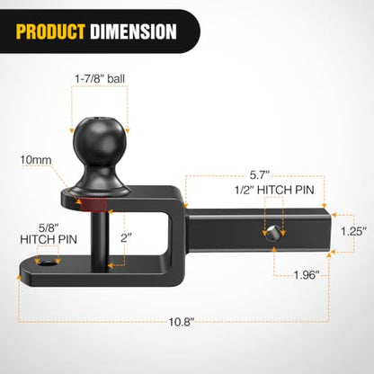 Nilight 3-in-1 ATV UTV Multi Hitch Mount | 1-7/8" Ball Fits 1-1/4" Receiver Hitch Rated 2000 LBS Winch Strap Loop Rated 5000 LBS - color: 1.25" Hitch Receiver with 1-7/8" Ball