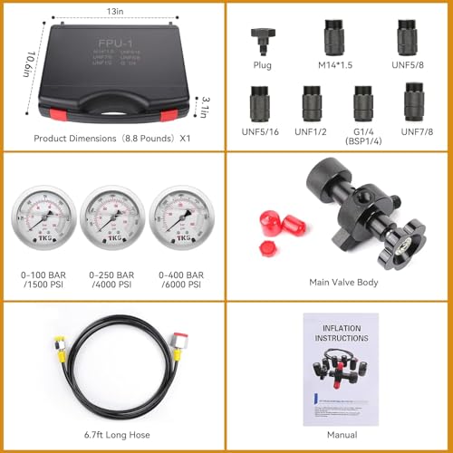 Hydraulic Nitrogen Accumulator Charging Kit, Nitrogen Fill Kit, Nitrogen Pressure Test System with 7 Couplings, 3 Gauges(1500PSI /4000PSI/ 6000PSI), and 1 Gas Hose (3 Gauges) - size: 3 Gauges 7 Couplings