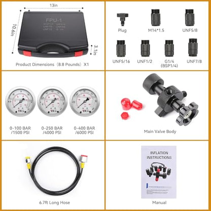 Hydraulic Nitrogen Accumulator Charging Kit, Nitrogen Fill Kit, Nitrogen Pressure Test System with 7 Couplings, 3 Gauges(1500PSI /4000PSI/ 6000PSI), and 1 Gas Hose (3 Gauges) - size: 3 Gauges 7 Couplings