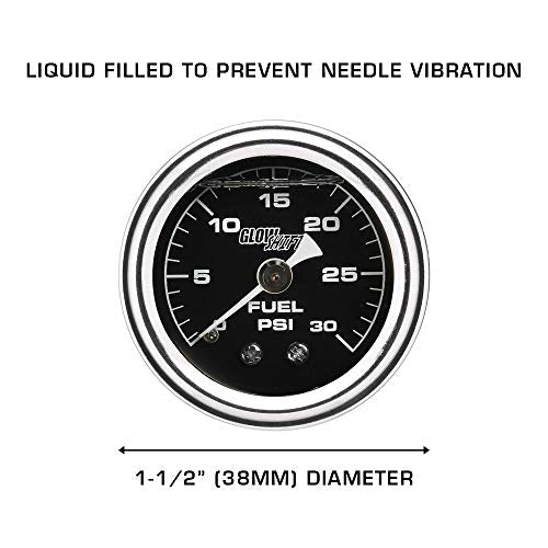 GlowShift Liquid Filled Black 30 PSI Fuel Pressure Gauge, 1-1/2" 38mm