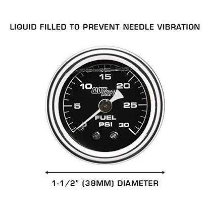 GlowShift Liquid Filled Black 30 PSI Fuel Pressure Gauge, 1-1/2" 38mm
