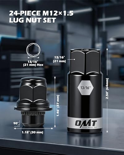 OMT M12x1.5 Lug Nuts with Mag Seat, 24pcs Lug Nuts Set with 1 Socket Key - color: Black, size: M12x1.5, style: 24Pcs Mag Seat