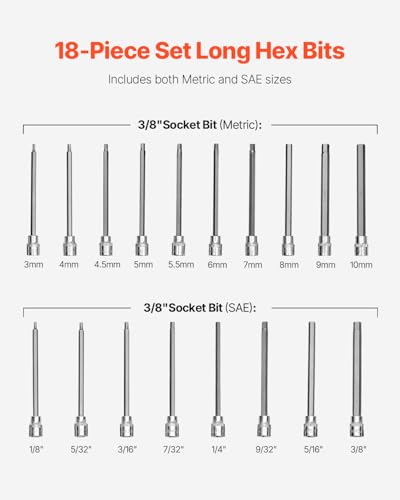 VEVOR Extra Long Allen Hex Bit Socket Set, 18-Piece 3/8 inch Drive, S2 Alloy Steel and Cr-V Steel, Standard SAE and Metric 1/8-Inch-3/8-Inch, 3-12mm, with Enhanced Storage Case, for Mechanics - size: 18 PCS