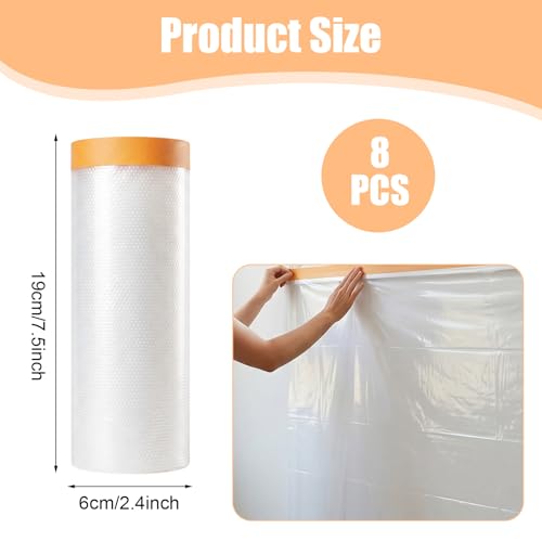 8 Rolls Painters Plastic with Tape (5 X 65-Feet) Pre-Taped Masking Film Automotive Best Tape and Drape Paint Adhesive Protective Film Roll for Covering Skirting, Frames, Cars and Auto Body
