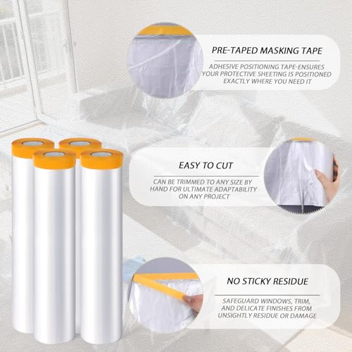4 Rolls Pre-Taped Painters Tape,Drop Cloths Tape(8.9 X 98.4Feet)