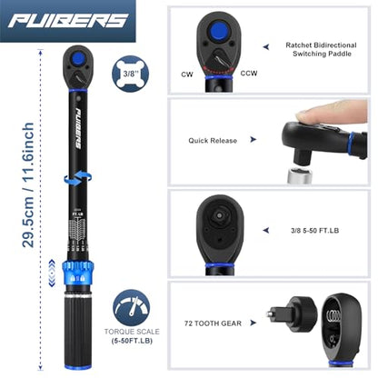 Torque Wrench 3/8 drive, 3/8 Inch Drive Click Torque Wrench Moto 5-50 FT.LB/6.8-67.8 Nm,Dual-Direction Adjustable 72 Tooth, Mechanic Wrenches Tools for Bike, Motorcycle and Car Repair - size: 3/8" 5-50 FT.LB