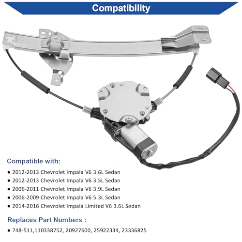 Obaee 748-511 Rear Right Passenger Side Power Window Regulator and Motor Assembly Compatible with Chevrolet Impala 2006-2013, Chevrolet Impala Limited 2014-2016, Replace OE 110338752, 20927600 - size: Rear Right Passenger Side