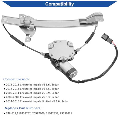 Obaee 748-511 Rear Right Passenger Side Power Window Regulator and Motor Assembly Compatible with Chevrolet Impala 2006-2013, Chevrolet Impala Limited 2014-2016, Replace OE 110338752, 20927600 - size: Rear Right Passenger Side