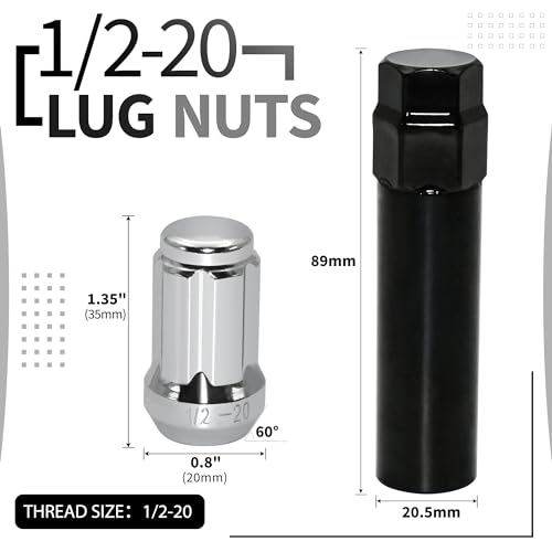 24 PCS 1/2-20 Chrome Lug Nuts, 1.35" Tall Hex Trailer Lug Nuts, 60 Degree Conical Cone Seat with Socket Key, Wheel Lugnuts Compatible with Jeep Cherokee Wrangler Liberty TJ XJ ZJ CJ5 - color: Silver, 24pcs+1 Point Spline, size: M12.7x1.27