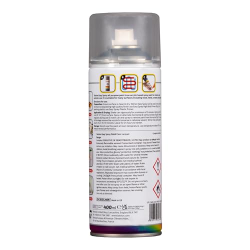 Tetrion Easy Spray Paint - Clear Lacquer 400ml - Acrylic Clear Coat Spray for Wood, Metal, Plastic, Ceramic & More - Easy to Use, Durable Finish,Indoor & Outdoor Use, 13.5 Oz - color: Clear Lacquer, size: 13.5 Ounce (Pack of 1)