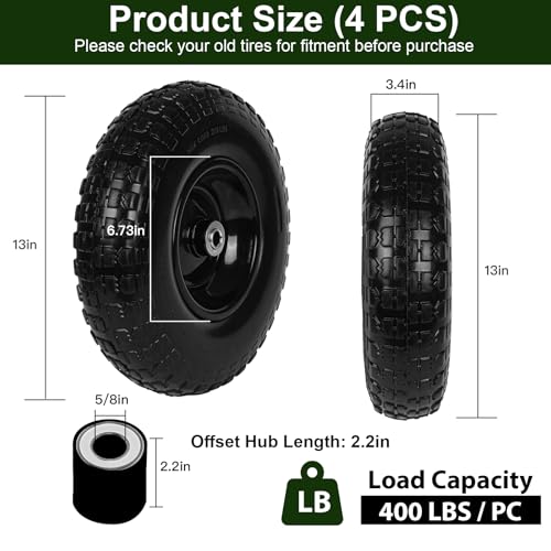 Taifa 4 PCS 13 Inch Rubber Solid Flat Free Replacement Tires and Wheels 4.00-6 with 5/8'' Axle Bore Hole, Air Less Wheel for Wheelbarrow/Wagon/Hand Truck/Trolley/Garden Scooter etc. - color: 13x400-6PU-bigF-4packs