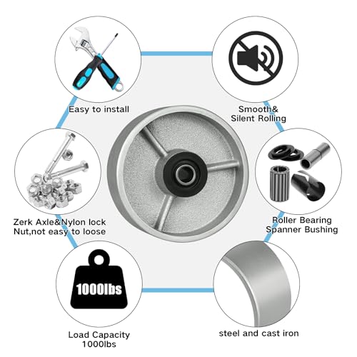 5" x 2" Industrial Casters, Steel Cast Iron Wheel - Heavy Duty Caster -Set of 4 Caster with 4000 lbs Capacity, Roller Bearing-1/2" Bore, Replacement Wheel for Platform Trucks(4 Pack) - style: 5"×2"