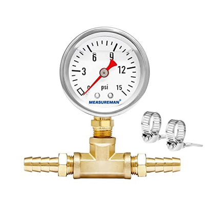 MEASUREMAN Fuel Pressure Gauge Kit 0-15Psi Stainless Steel Glycerin Filled, 1-1/2" Dial Size, with 5/16" Fuel Line Fuel Pressure Brass T-Fitting Adapter, Lower Mount - size: 0-15 psi, style: Lower Mount T-Fitting Adapter
