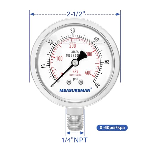 MEASUREMAN Fully Stainless Steel Hydraulic Glycerin Filled Pressure Gauge, 2-1/2" Dial Size, 1/4" NPT Lower Mount, 0-60psi/kpa - size: 0-60 psi, style: Lower Mount(100% Stainless Steel)