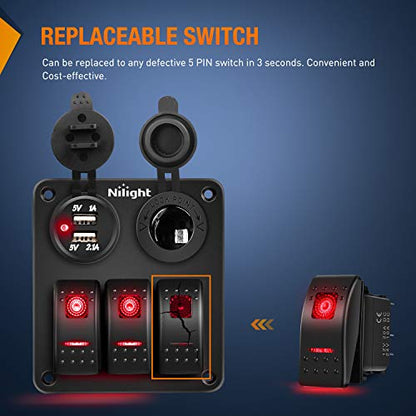 Nilight 6 Pack Rocker Switches 5 PIN On Off Toggle Red - color: Red 6 PCS