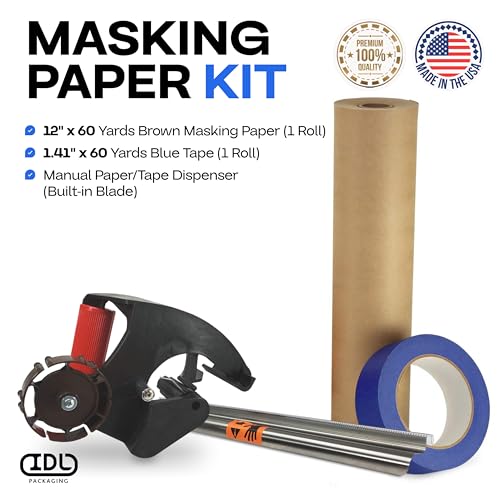 IDL Packaging All-You-Need Masking Kit - 12" x 60 Yards Brown Masking Paper (1 Roll) & 1.41" x 60 Yards Blue Tape (1 Roll) & Manual Paper/Tape Dispenser (Built-in Blade) - size: Pack of 1, style: Masking Kit 12" Blue