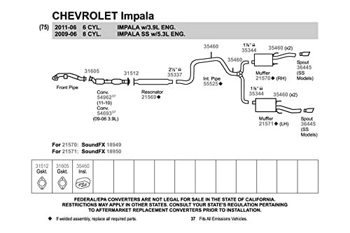 Walker 21569 Direct Fit Exhaust Resonator 2.5" Outlet (ID) 2.5" Outlet (OD) for Chevrolet Impala
