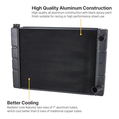 Speedway Motors 31” Double Pass Aluminum Racing Radiator for SBC and BBC Engines, 2-Row 1” Tube Core, 2.25” Thick, Black Finish, High Cooling Efficiency