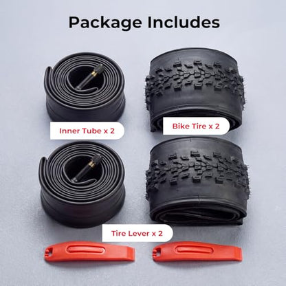 26/27.5x2.2 Mountain Bike Tires with Inner Tubes & Tire Levers (2 Sets) | Cross Country Bicycle Foldable Replacement Tires - High-Traction Off-Road Tires for Trail and XC Riding - size: 26x2.2