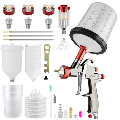 SRQ R500 LVLP Air Spray Gun with 650ml Mixing Cup & 600ml Reusable Plastic Cup, 1.3/1.7/2.0mm Nozzles Paint Gun Sprayer, Automotive Paint Gun for Car, Furniture, Fence, Varnish& Top Coat - color: 5 mixing cup+plastic jug