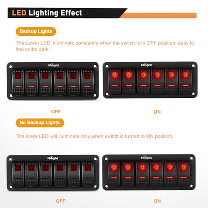 Nilight 6 Gang Rocker Switch Panel SPST On Off 5PIN Electrical Toggle Red - color: Red, size: 6 Gang